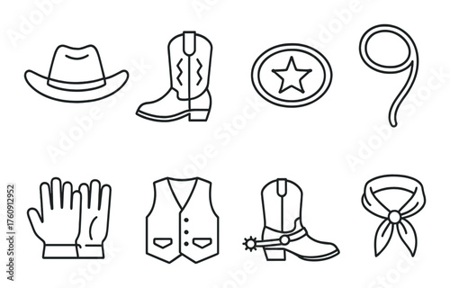 Western icons: cowboy hat, boots, sheriff badge, lasso, gloves, vest, spur, bandana