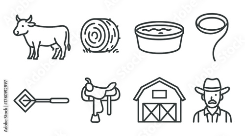 Western ranch symbols featuring cattle, hay, water trough, lasso, branding iron, saddle, barn, cowboy