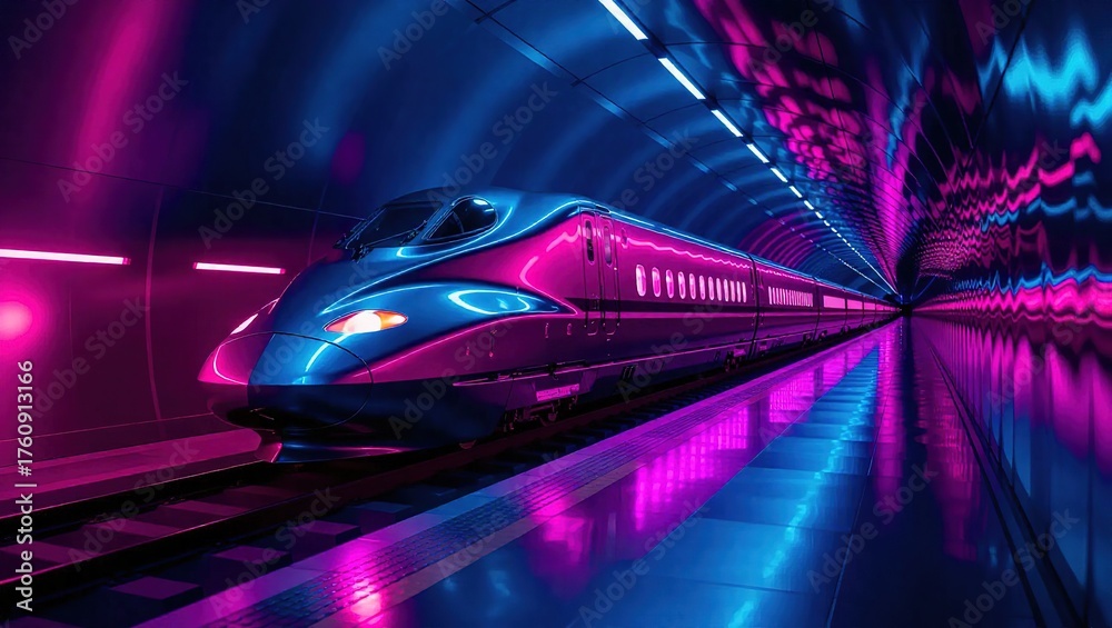 Fototapeta premium Futuristic High-Speed Train in Neon Tunnel.