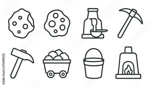 Mining icons set: ore, tools, cart, kiln, pickaxe, hammer, bucket