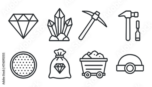 Mining tool icons: diamond, crystals, pickaxe, hammer, screwdriver, sieve, cart, helmet