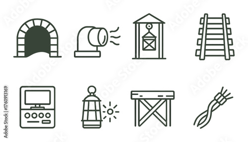 Mining tools icons: tunnel, ventilation, lantern, rail tracks, control panel, support structure