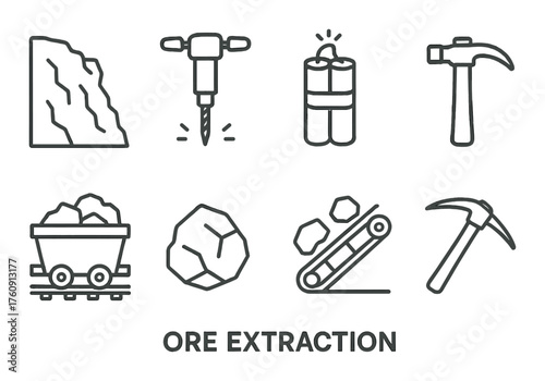 Ore extraction icons: tools and equipment for mining industry