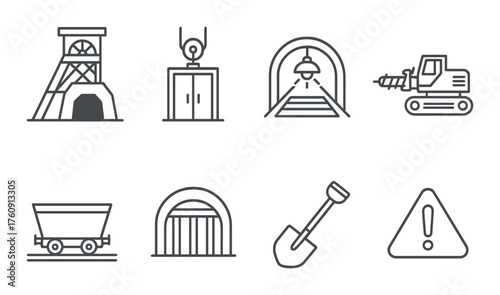 Mining industry icons: tunnel, excavator, safety signs, mining cart, tools, equipment