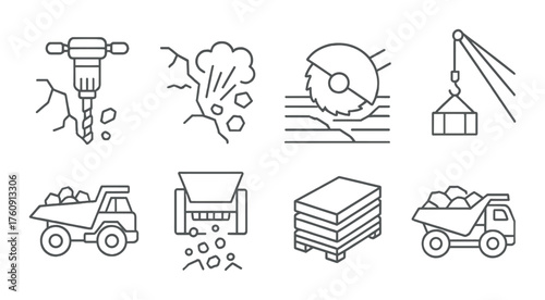 Industrial mining icons: drill, explosives, saw, crane, dumper, conveyor, steel, transport