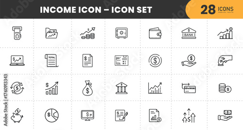 Income Icon Set – 28 Thin Line Finance Icons Representing Banking, Investment, Profit Growth, Accounting, Business, and Money Management with transparent Background.
