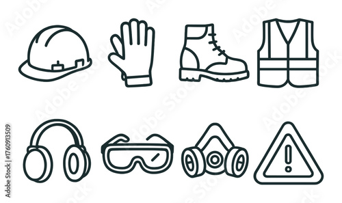 Essential construction safety gear icons: helmet, gloves, boots, vest, earmuffs, goggles, mask, warning sign