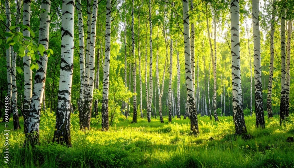 Fototapeta premium Sunlight Filters Through Birch Trees in a Lush Green Forest With Dappled Light on the Ground