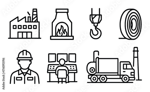 Industrial icons set featuring factory, kiln, crane hook, steel coil, workers, control room, and machinery