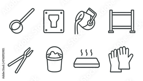 Essential cleaning tools: bucket, gloves, sponge, mop, pliers, ladle, dustpan icons