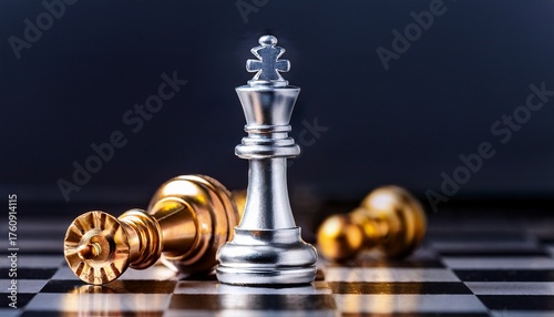 chess game strategy silver king standing victorious over fallen golden opponent representing leadership and business success