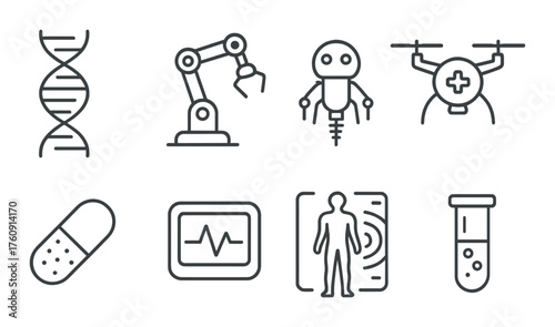 Futuristic technology icons: dna, robotics, drones, medical symbols in monochrome