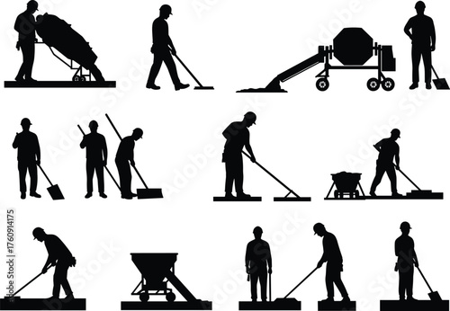 Concrete, Workers, Silhouette, Mixing, Pouring, Spreading, Smoothing, Tools, Construction, Labor, Site, Equipment, Manual, Framework, Technician, Wheelbarrow, Trowel, Shovel, Rake, Operation