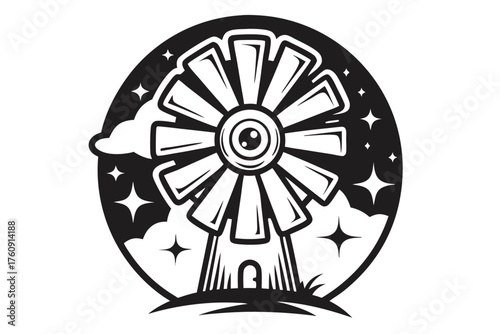 A monochrome windmill with star elements set inside of an enclosed, rounded shape stands firmly