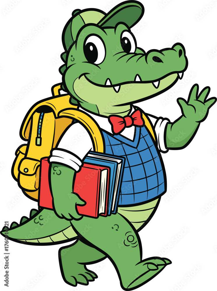 Fototapeta premium Smiling cartoon alligator wearing a backpack and holding books