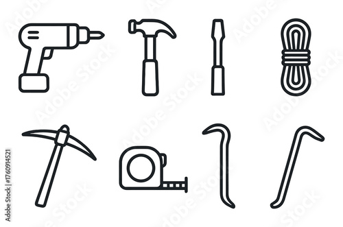 Set of diy tools icons on dark background: drill, hammer, screwdriver, rope, pickaxe, tape measure, crowbar