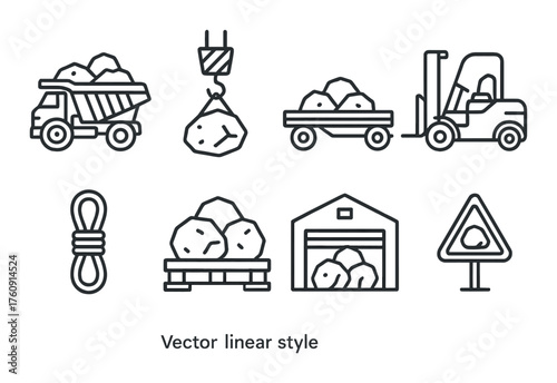 Monochrome industrial icons: construction equipment and tools in linear style