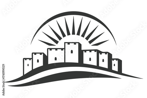 Abstract sun rays rise over minimalist old black and white castle silhouette picture