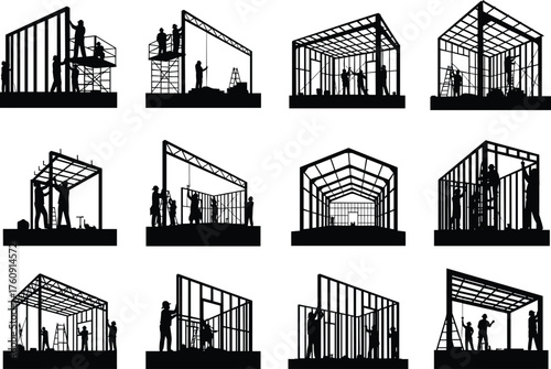 Construction, Building, Workers, Silhouette, Framing, Roof, Trusses, Scaffolding, Assembly, Structure, Tools, Labor, Site, Wood, Metal, Framework, Installation, Process, Engineering, Industrial