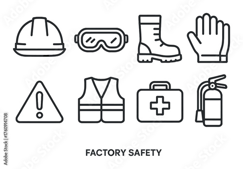 Essential factory safety icons: helmet, goggles, boots, gloves, vest, first aid, extinguisher