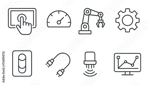 Industrial automation icons: touchscreen, speedometer, robotic arm, gear, switch, wiring, led, analytics