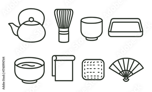 Traditional japanese tea ceremony tools icons in minimalist style