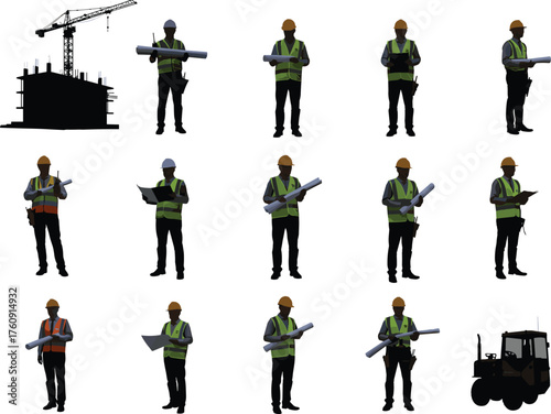 Construction, Worker, Silhouette, Blueprint, Helmet, Vest, Tablet, Planning, Supervision, Site, Equipment, Crane, Building, Forklift, Structure, Technician, Labor, Task, Infrastructure, Machinery