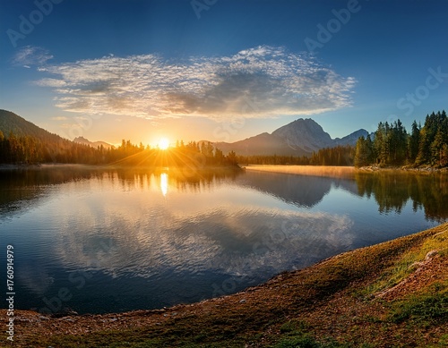 panorama of beautiful sunrise over lake