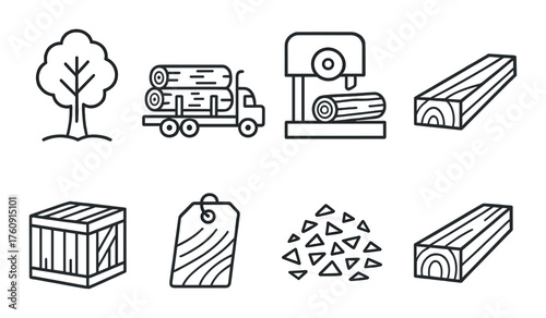 Monochrome icons representing forestry and wood processing elements