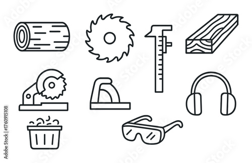 Outline icons of woodworking tools on black background featuring log, saw, caliper, and earmuffs