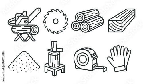 Set of eight woodworking and carpentry tool icons in gray scale