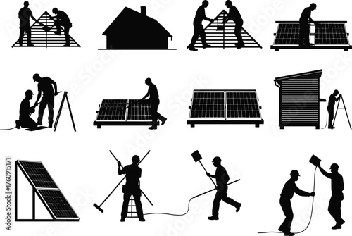 Solar Panel Installation Worker Rooftop Energy Renewable Power Green Sustainable Tools Ladder Safety Harness Construction Technician Engineering Architecture