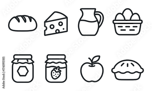 Variety of food icons featuring bread, cheese, and beverages in black and white