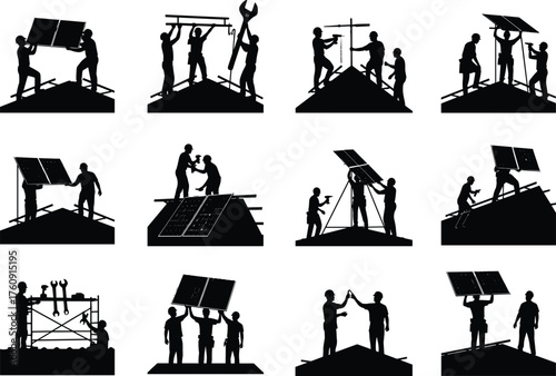 Solar, Panel, Installation, Rooftop, Workers, Silhouette, Renewable, Energy, Infrastructure, Maintenance, Tools, 