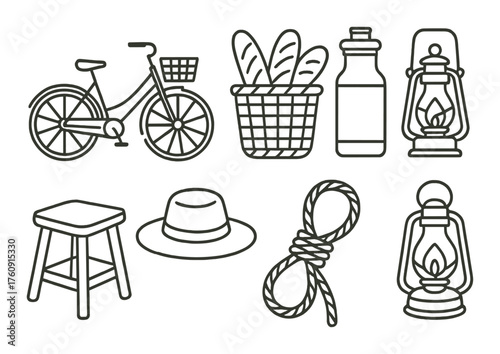 Vintage icons: bicycle, bread, lantern, stool, hat, rope on rustic background