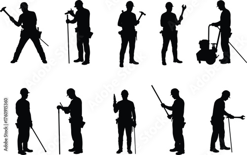 Construction, Worker, Silhouette, Tools, Hammer, Wrench, Drill, Measuring, Machinery, Pipe, Rod, Tripod, Inspection, Manual, Labor, Equipment, Technician, Site, Task, Utility