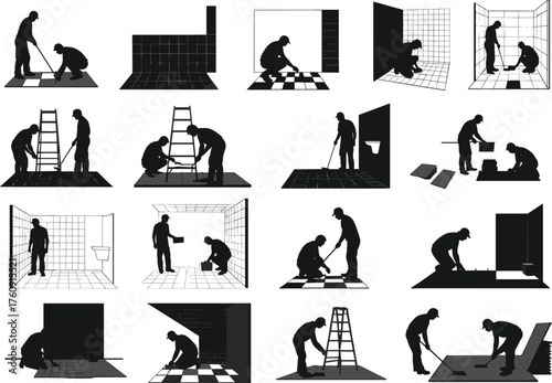 Tiling Worker Floor Wall Installation Tools Adhesive Grout Cutting Measuring Bucket Ladder Safety Construction Technician Engineering Architecture Project