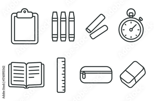 Monochrome school supplies icons: clipboard, crayons, stopwatch, book, ruler, pencil case, eraser