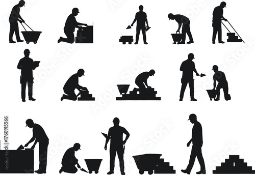 Construction, Workers, Silhouette, Concrete, Masonry, Bricks, Wheelbarrow, Trowel, Shovel, Labor, Tools, Site, Assembly, Technician, Manual, Framework, Equipment, Operation, Materials, Task