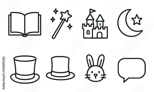 Magical icon set: book, wand, castle, moon, hats, rabbit, speech bubble