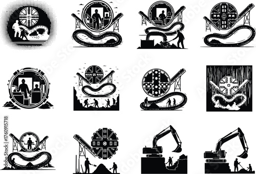 Tunnel, Boring, Machine, TBM, Construction, Underground, Silhouette, Cutter, Conveyor, Workers, Infrastructure, Equipment, Assembly, Inspection, 