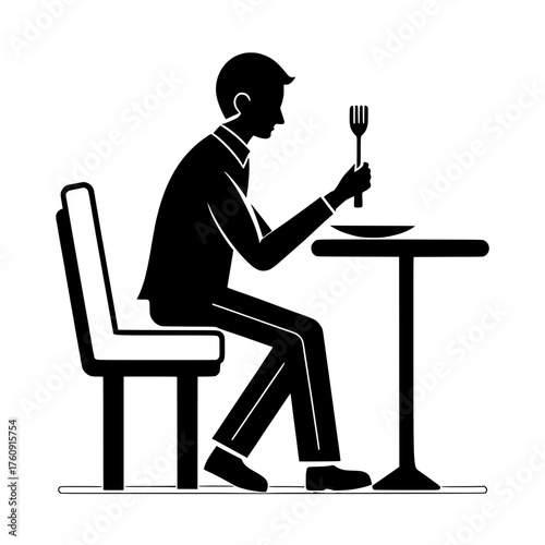 Solo Man Dining Silhouette Vector Icon - Single Person at Restaurant Table Illustration