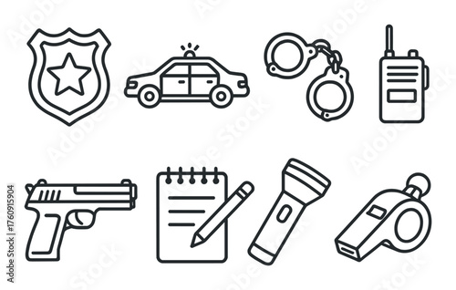 Police equipment icons: badge, handcuffs, patrol car, radio, gun, notepad, flashlight, whistle