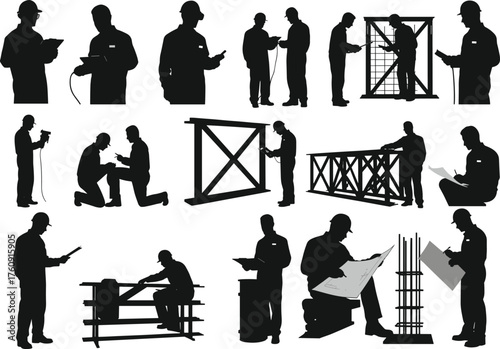 Construction, Workers, Silhouette, Tools, Blueprint, Inspection, Materials, Structure, Engineering, Planning, 