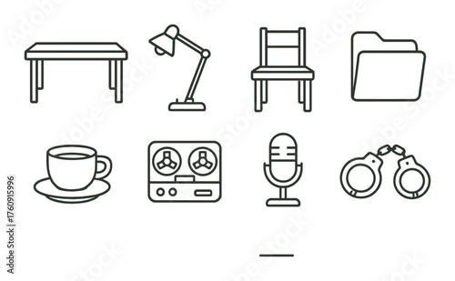 Office and writing essentials: desk, lamp, chair, folder, coffee, tape recorder, microphone, handcuffs