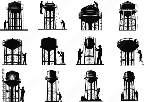 Water, Tower, Maintenance, Workers, Silhouette, Construction, Infrastructure, Welding, Inspection, 
