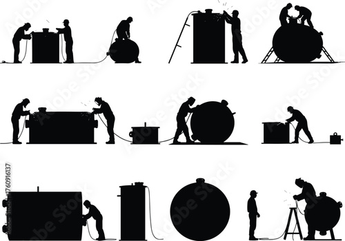 Welding Worker Metal Fabrication Torch Cylinder Tank Container Ladder Platform Safety Labor Industry Engineering Architecture Project Operation Process