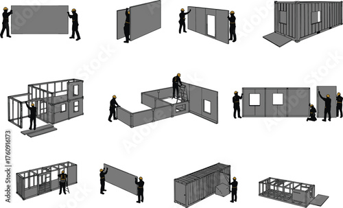 Container, Modular, Construction, Workers, Silhouette, Panel, Structure, Assembly, Installation, Industrial, 