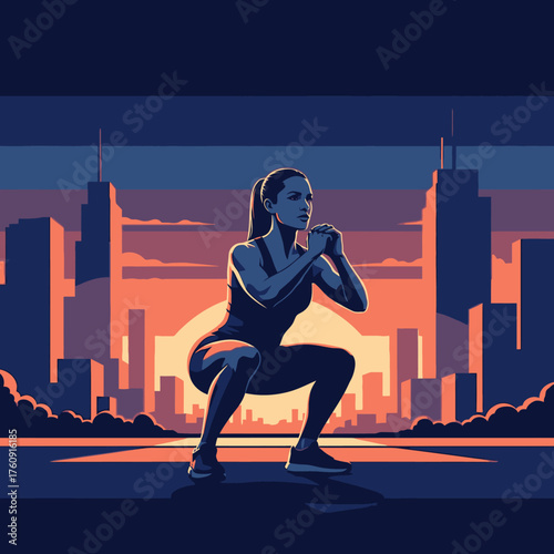 Dynamic vector illustration of an athletic woman performing deep squats in a vibrant urban cityscape at sunset, symbolizing strength, fitness, and active living