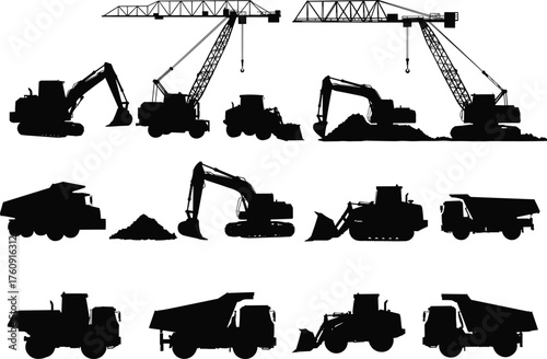 Crane, Excavator, Bulldozer, Dump, Truck, Tractor, Silhouette, Machinery, Construction, Vehicle, Boom, Bucket, Blade, Earthmoving, Infrastructure, Equipment, Site, Labor, Operation, Industrial
